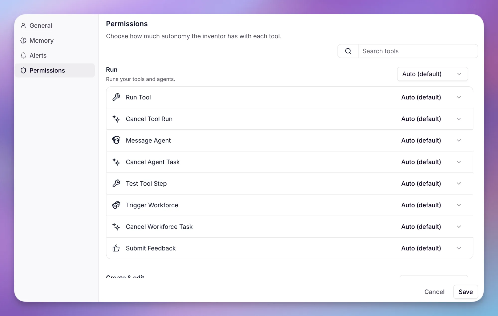 Invent permissions settings, with autonomy set per tool