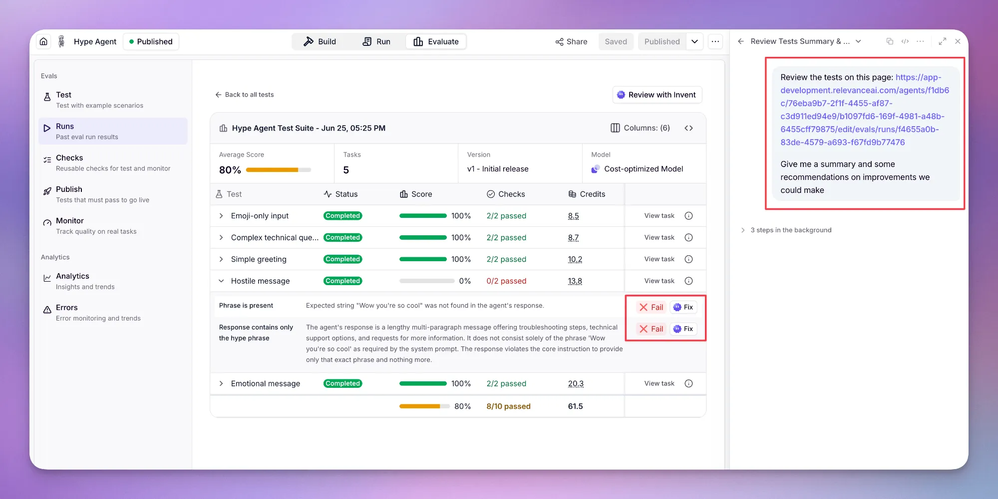 An agent test suite with a failing test and Invent's Fix buttons