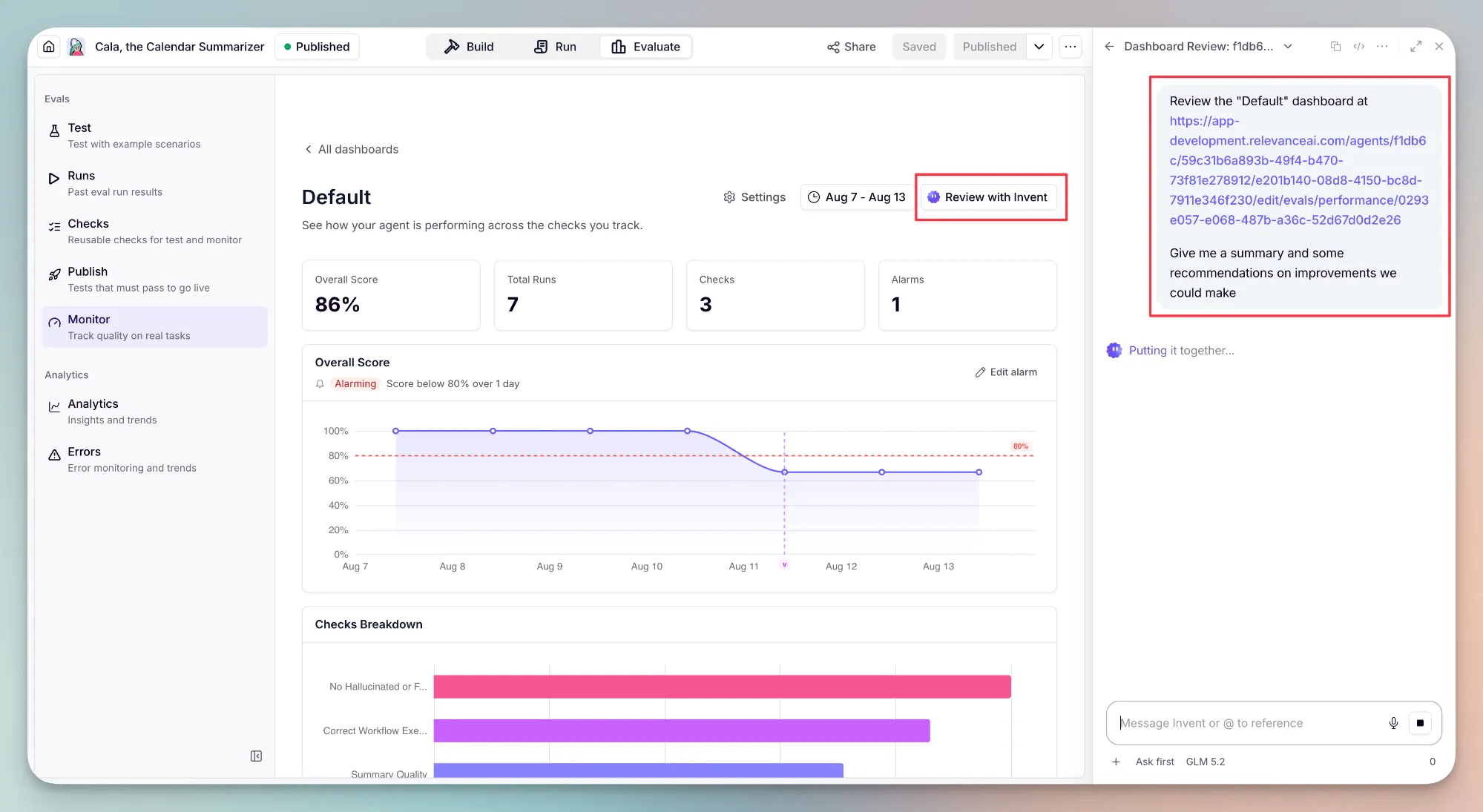 A quality monitor dashboard with an alarm and Invent reviewing it
