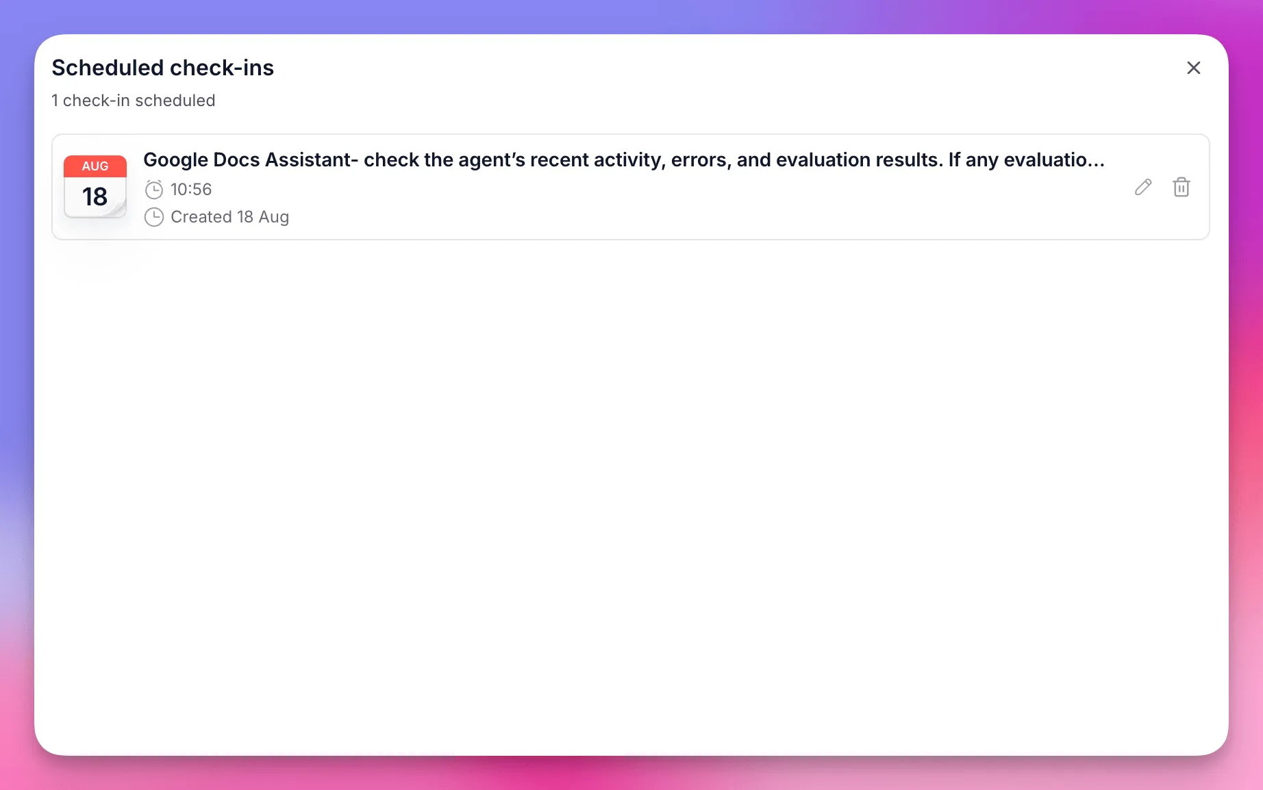 Scheduled check-ins list showing a check-in Invent set up on an agent