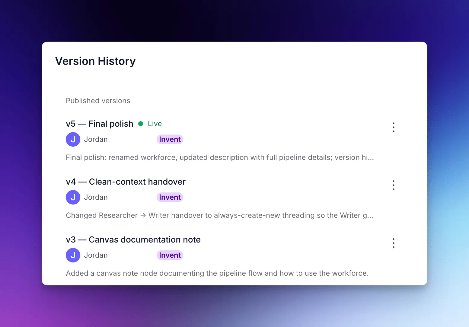 An agent's version history, with Invent's versions marked