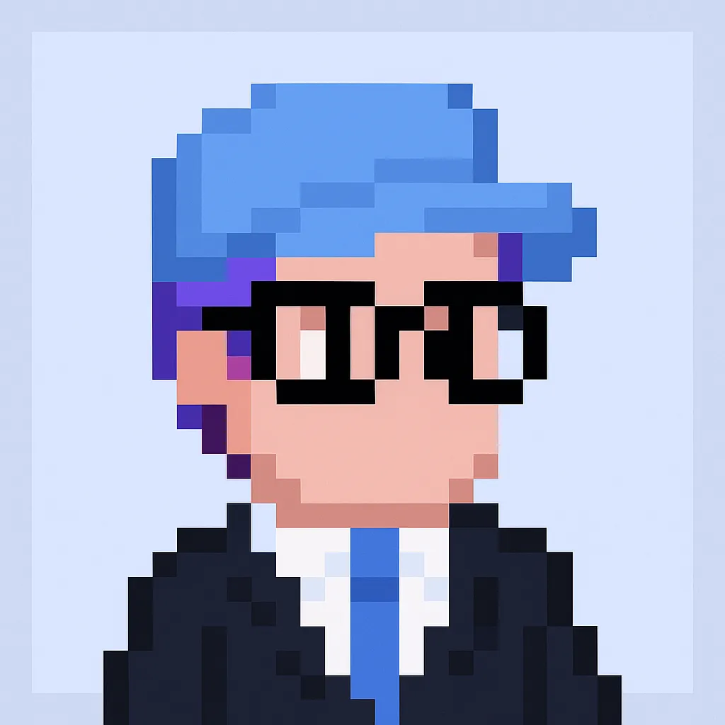 Calendar booking email agent avatar - professional AI assistant with blue hair, glasses, and business suit for automated scheduling software