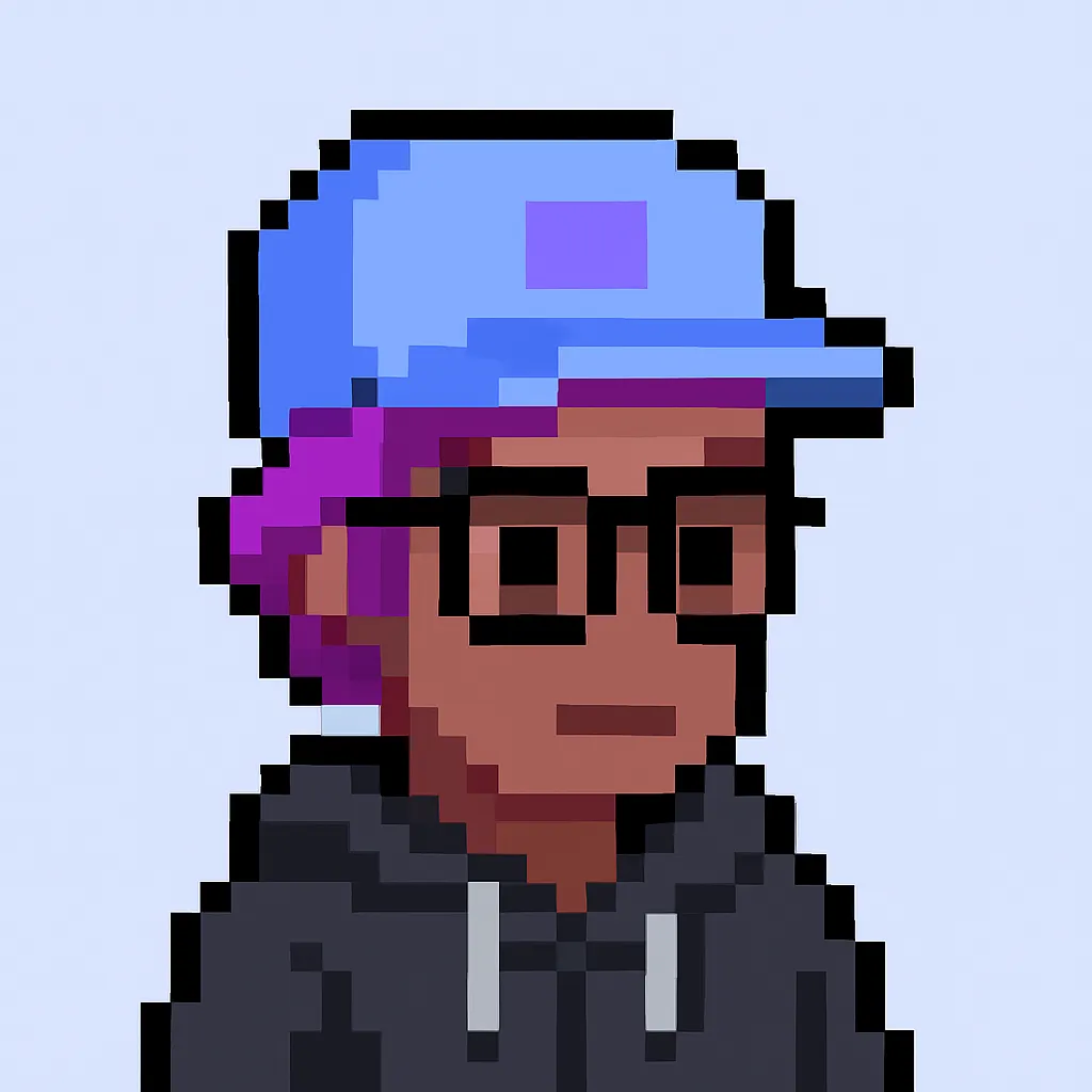 Integration Builder AI agent avatar - pixel art character with blue cap, glasses, and purple hair representing business integration automation specialist