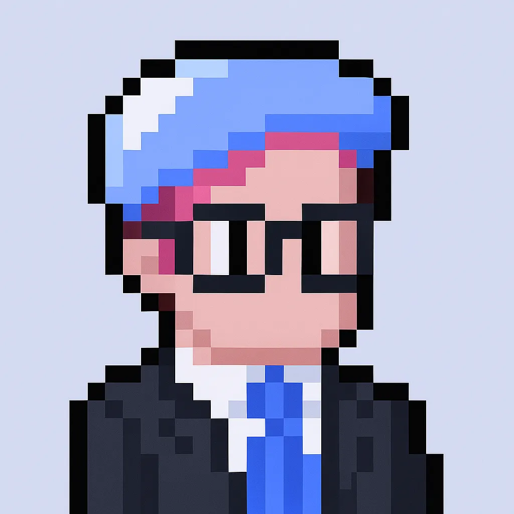 FAQ writer AI agent avatar - pixel art character with blue hat, pink hair, and glasses representing automated FAQ generation tool