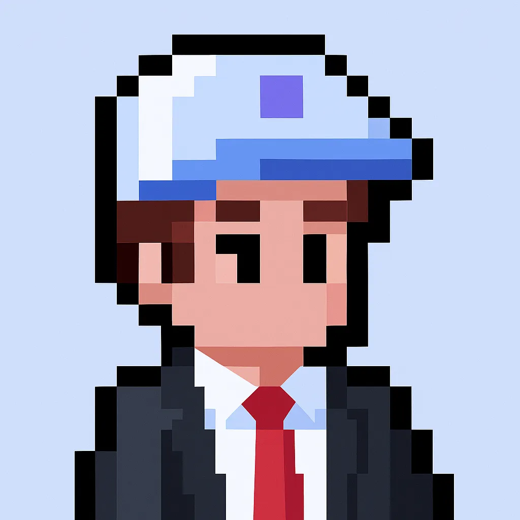 SEO blog post writer AI agent avatar - professional pixel art character with blue cap and business suit representing automated content creation