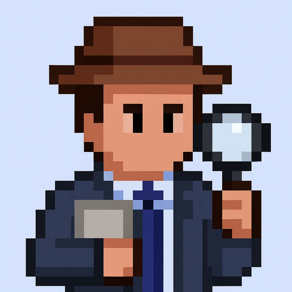 Prospector Paddy AI sales prospecting agent avatar - pixel art detective character with magnifying glass and folder for automated lead generation