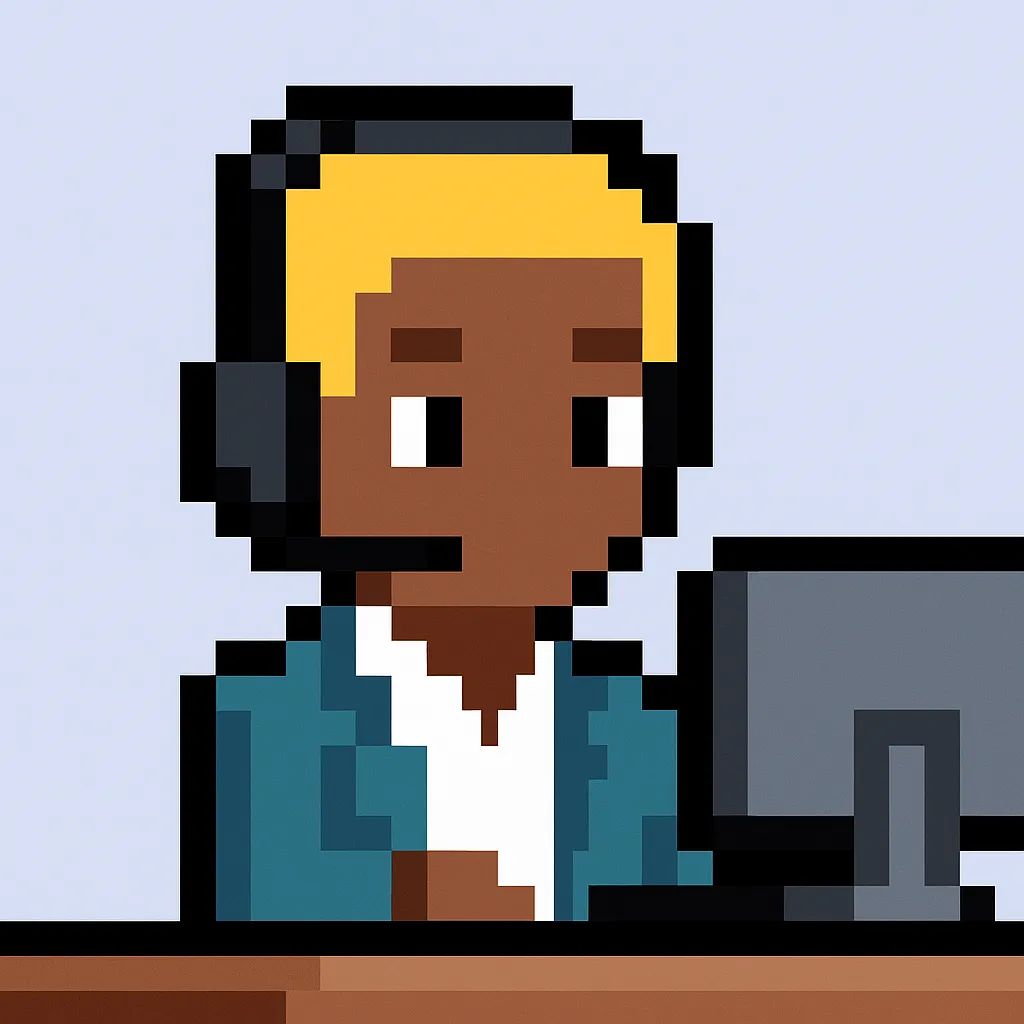 Pixel art demo confirmation agent avatar with headset sitting at computer desk for AI-powered sales automation