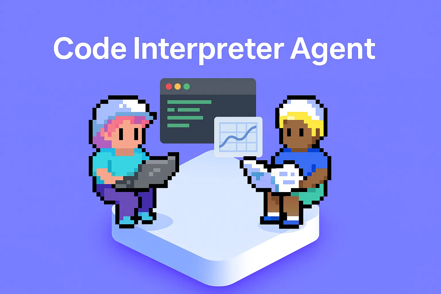Code Interpreter Agent - two developers using laptops and tablets with code display and data visualization charts