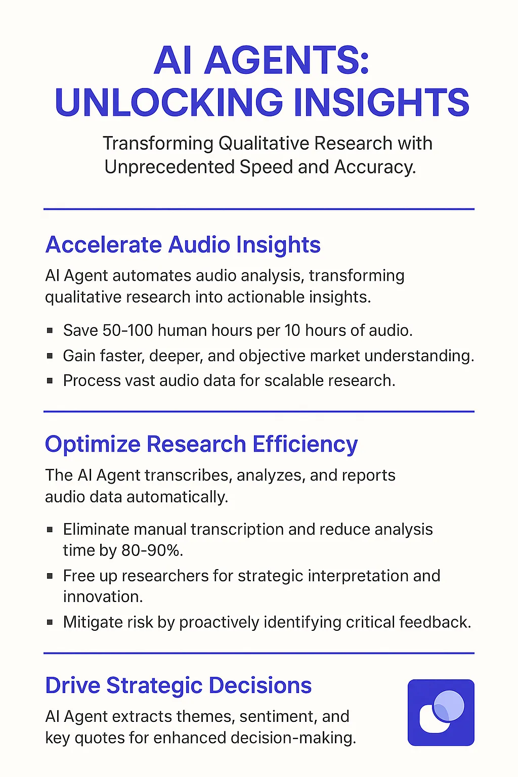 AI Agents audio analysis infographic showing how audio analyzer software accelerates research efficiency and drives strategic decisions with automated transcription