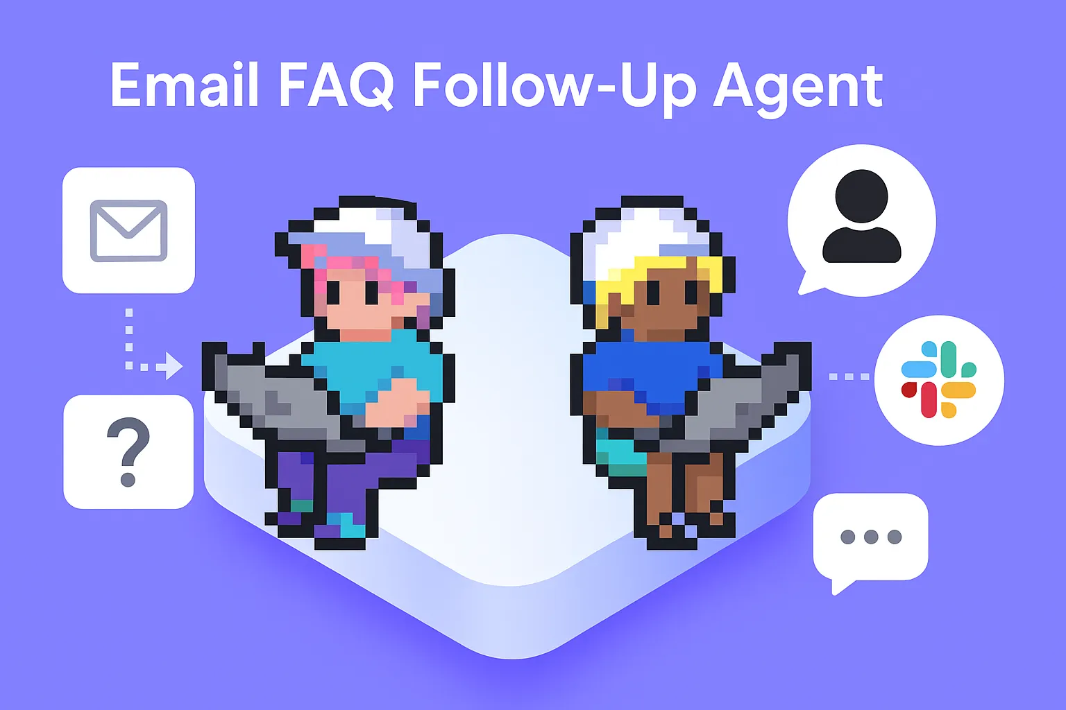 Email FAQ Follow-Up Agent - AI agents automating customer support with laptops, email icons, and Slack integration for follow-up email examples