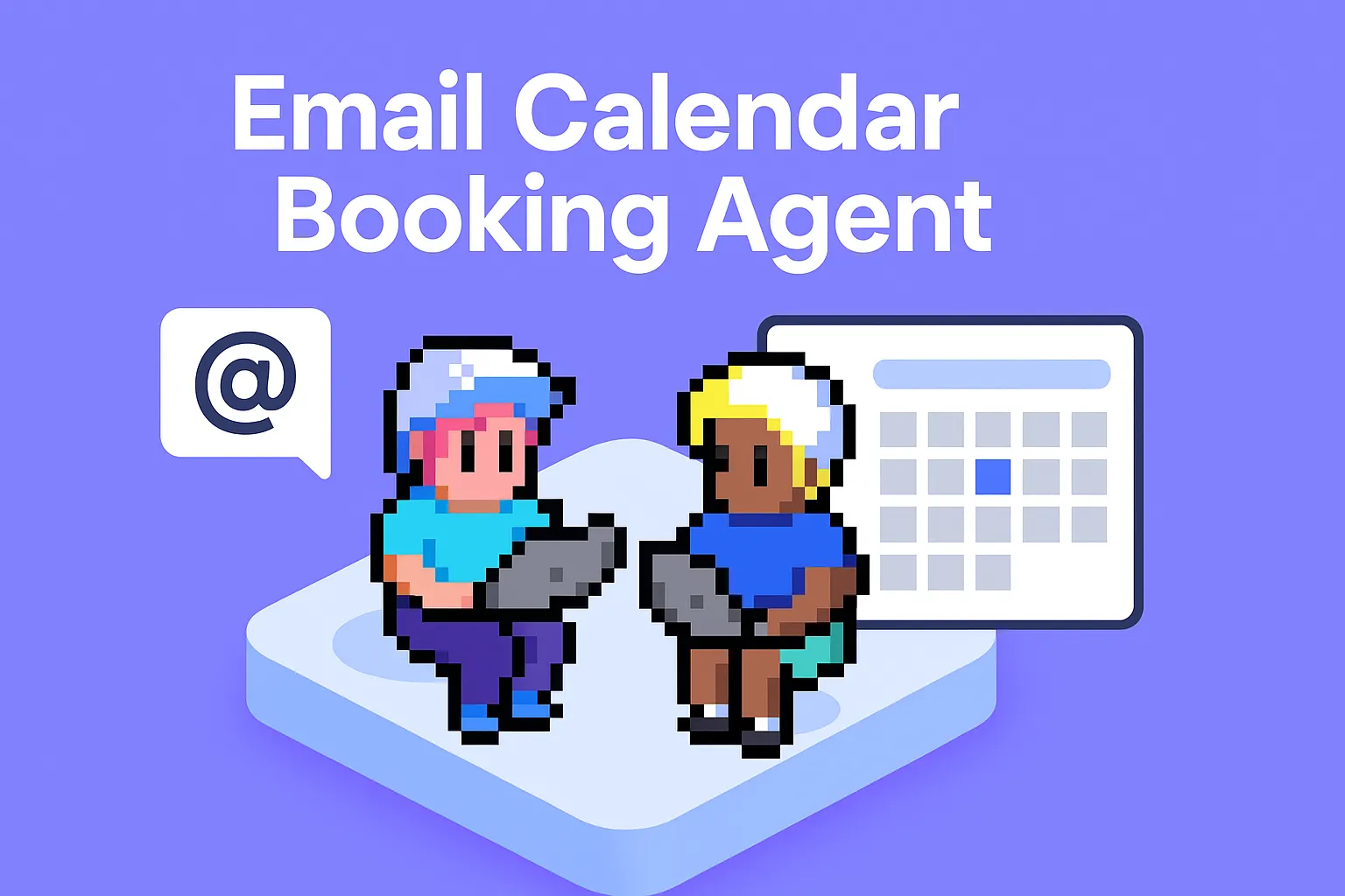 Email Calendar Booking Agent - two AI assistants working on laptops with calendar and email icons, demonstrating automated appointment scheduling software