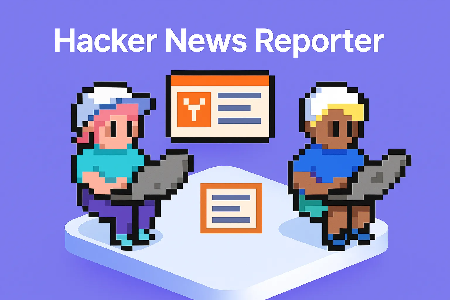 Hacker News Reporter - two pixel art characters using laptops to monitor and analyze tech discussions for automated news reporting and trend identification