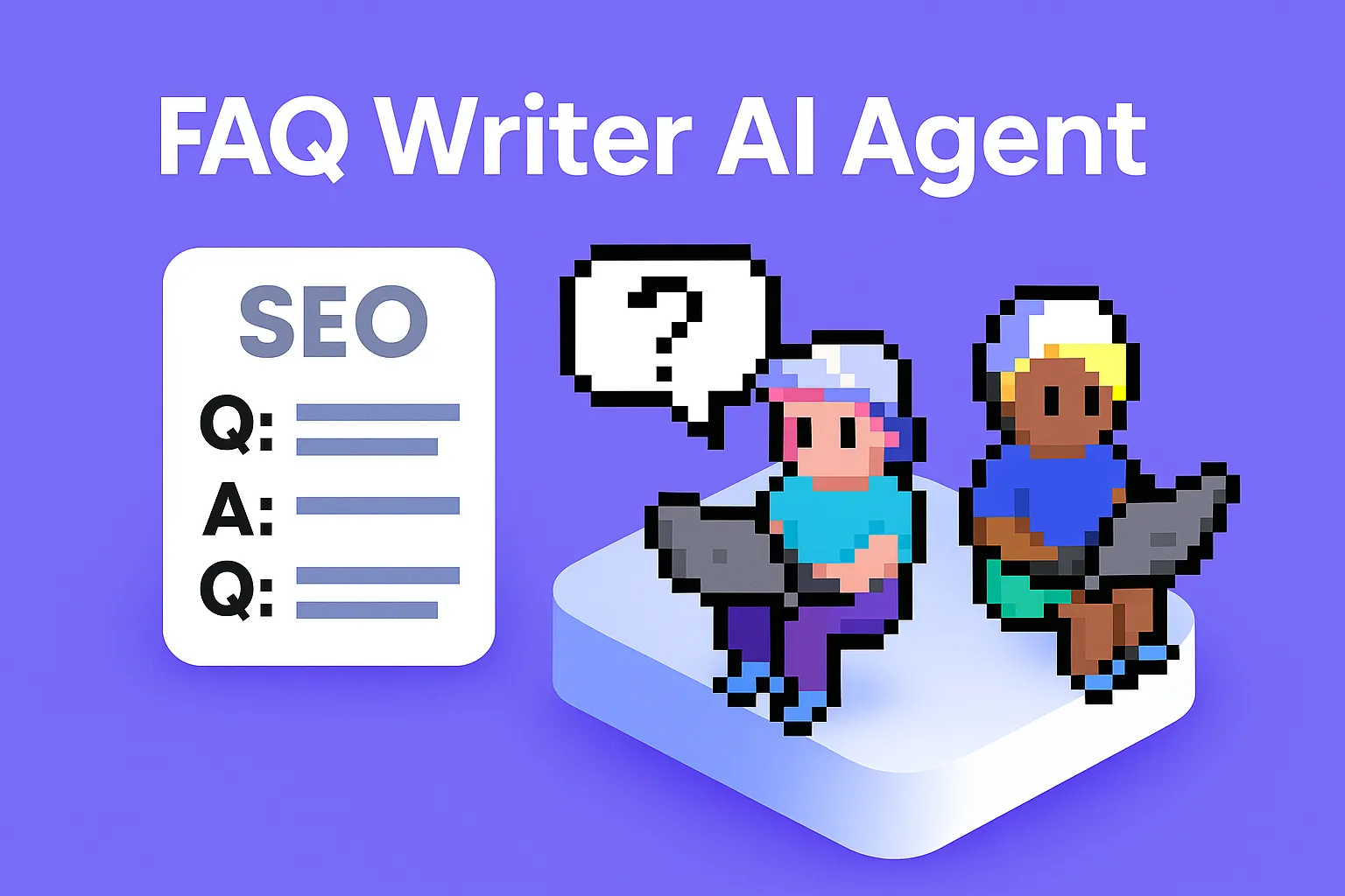 FAQ Writer AI Agent - two people using laptops with SEO document showing Q&A format for automated FAQ creation and People Also Ask questions