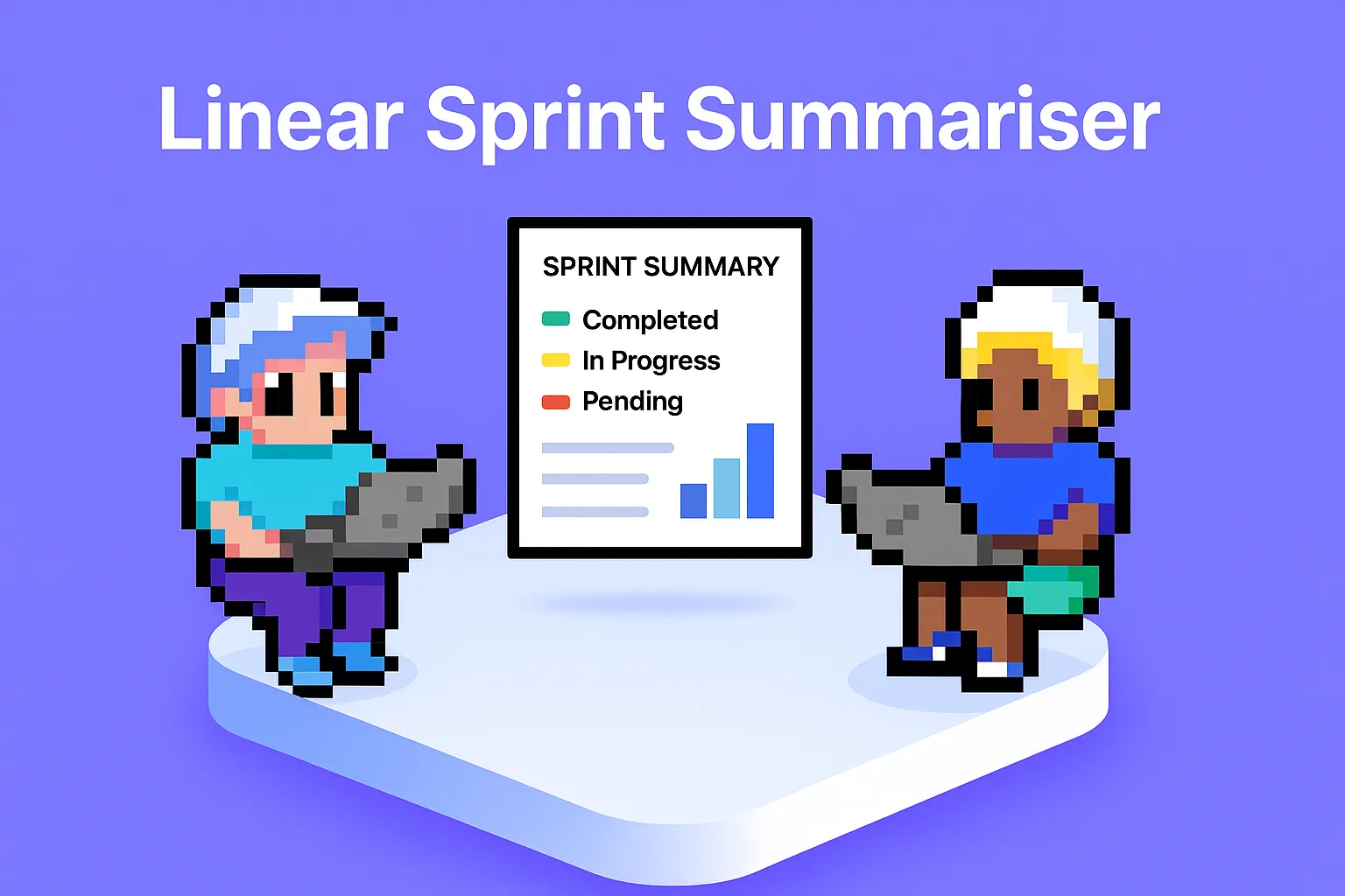 Linear Sprint Summariser - two developers using laptops with automated sprint summary document showing completed, in progress, and pending tasks for Linear project management