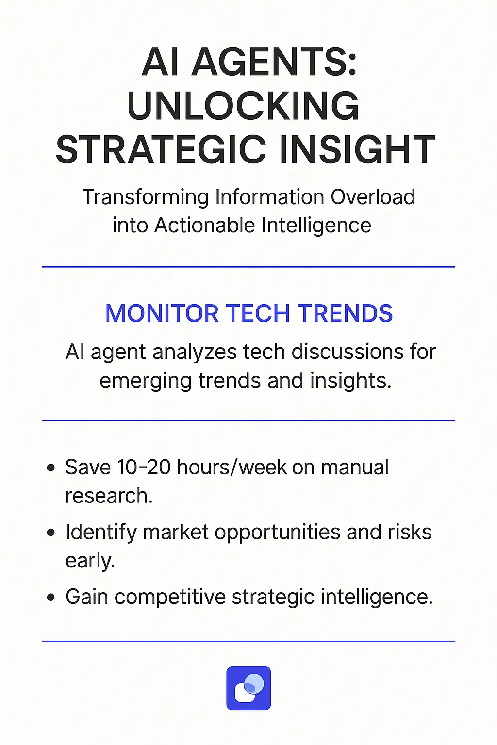 AI Agents: Unlocking Strategic Insight infographic showing how Hacker News monitoring saves 10-20 hours per week and identifies market opportunities for tech trend reporting
