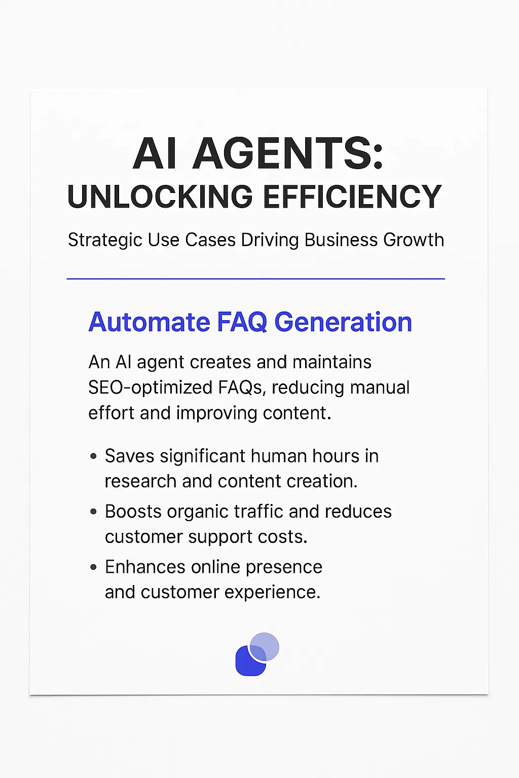 AI Agents unlocking efficiency infographic - automate FAQ generation to save human hours, boost organic traffic, reduce customer support costs, and enhance online presence
