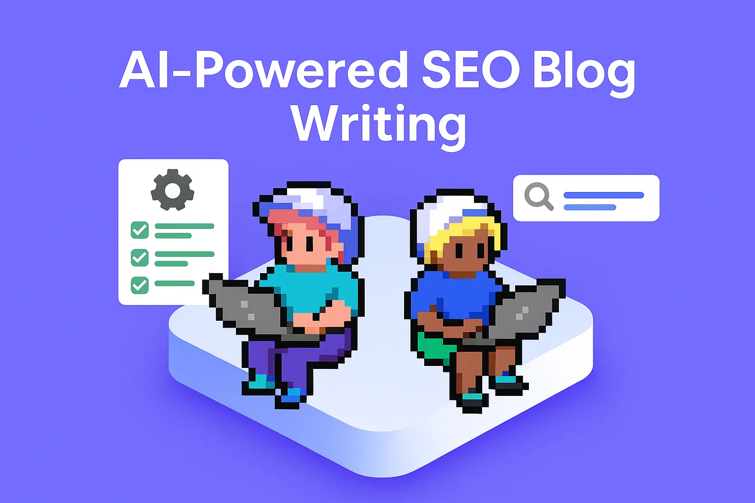AI-Powered SEO Blog Writing - two content creators using laptops with SEO optimization tools and search functionality for automated blog content creation
