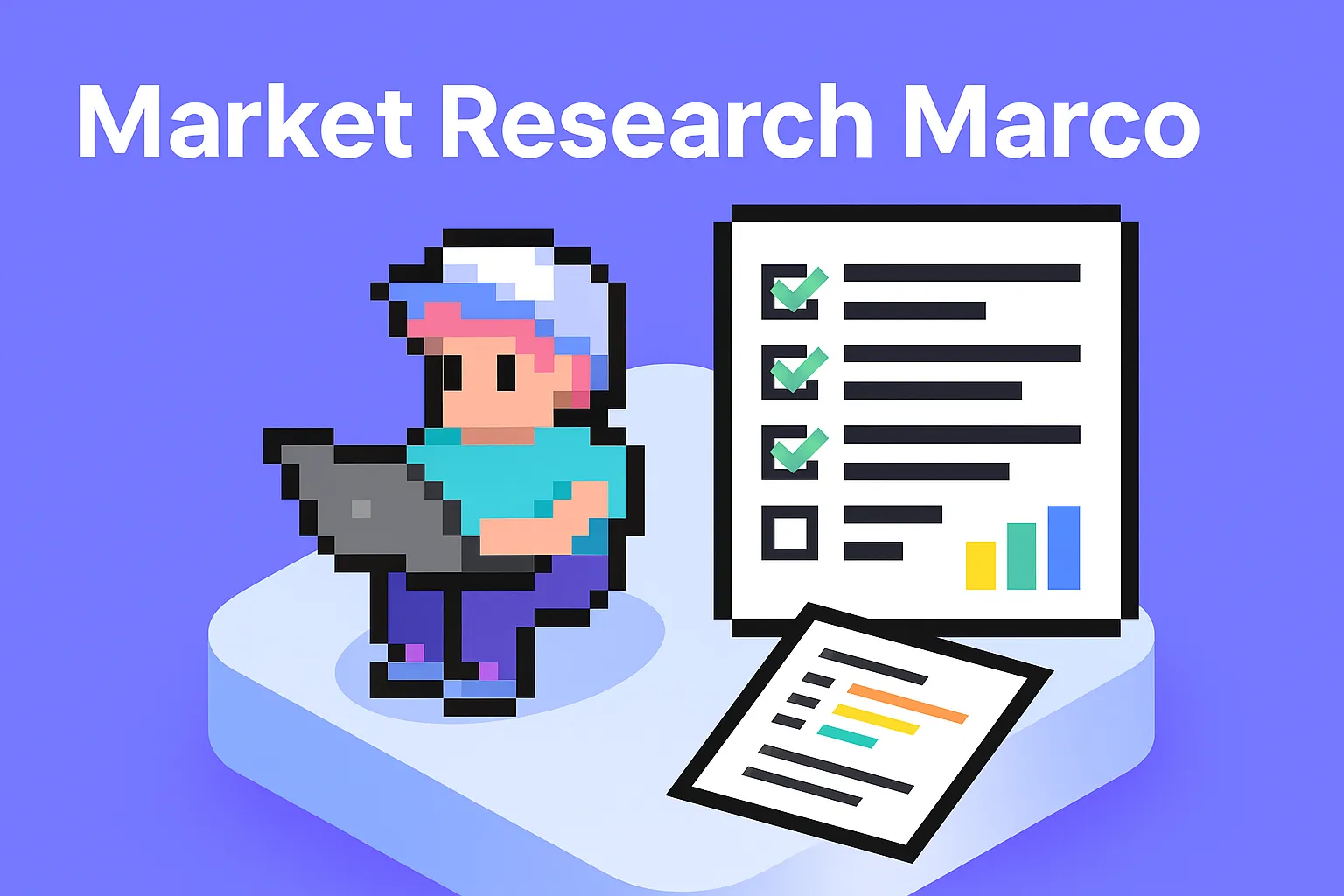 Market Research Marco AI market research agent - pixel art character with laptop analyzing survey data and generating market intelligence reports with automated business insights
